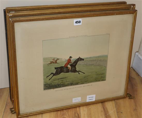 After Henry Alken, set of four (of 6) colour prints, Hunting recollections, 38 x 48cm overall and another hunting print